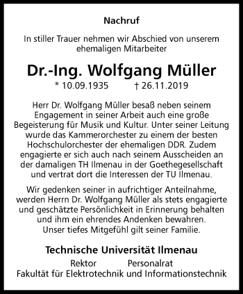 Traueranzeige von Wolfgang Müller von Thüringer Allgemeine