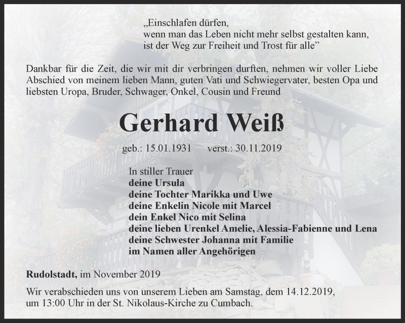  Traueranzeige für Gerhard Weiß vom 07.12.2019 aus Thüringer Allgemeine, Thüringische Landeszeitung, Ostthüringer Zeitung