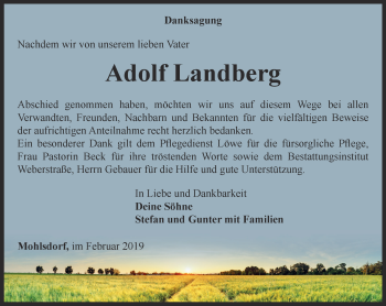 Traueranzeige von Adolf Landberg
