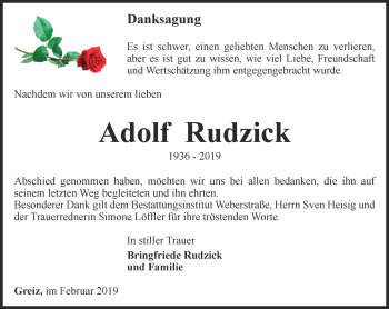 Traueranzeige von Adolf Rudzick