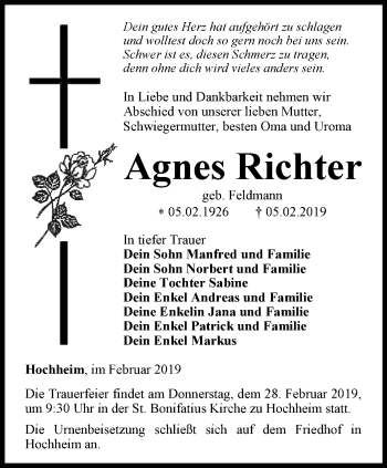 Traueranzeige von Agnes Richter von Thüringer Allgemeine, Thüringische Landeszeitung