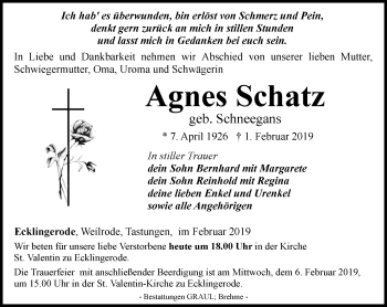 Traueranzeige von Agnes Schatz von Thüringer Allgemeine