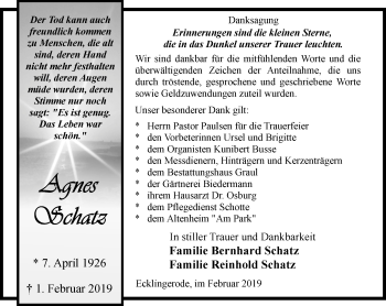 Traueranzeige von Agnes Schatz von Thüringer Allgemeine