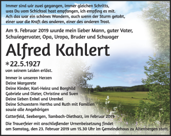 Traueranzeige von Alfred Kahlert von Ostthüringer Zeitung, Thüringische Landeszeitung