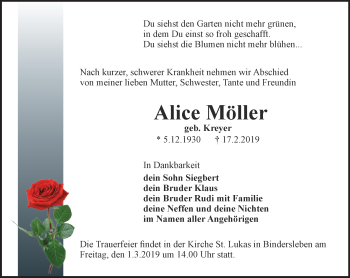 Traueranzeige von Alice Möller von Thüringer Allgemeine, Thüringische Landeszeitung