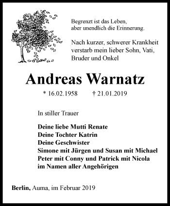 Traueranzeige von Andreas Warnatz von Ostthüringer Zeitung