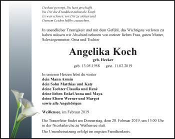 Traueranzeige von Angelika Koch von Thüringer Allgemeine