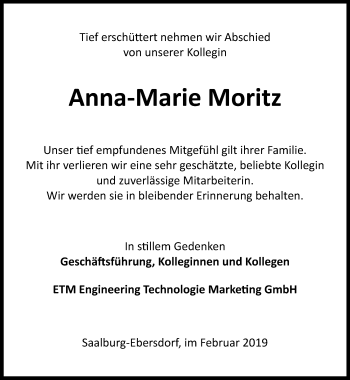 Traueranzeige von Anna-Marie Moritz von Ostthüringer Zeitung