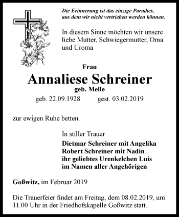 Traueranzeige von Annaliese Schreiner von Ostthüringer Zeitung