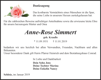 Traueranzeige von Anne-Rose Simmert von Ostthüringer Zeitung