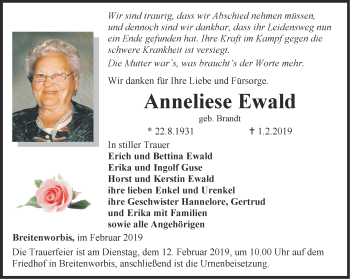 Traueranzeige von Anneliese Ewald von Thüringer Allgemeine