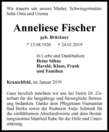 Traueranzeige von Anneliese Fischer von Thüringer Allgemeine, Thüringische Landeszeitung