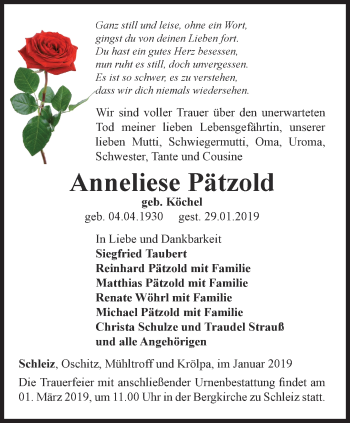 Traueranzeige von Anneliese Pätzold von Ostthüringer Zeitung