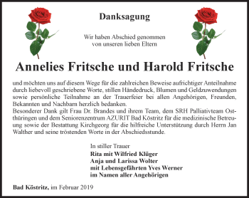 Traueranzeige von Annelies und Harald  Fritsche
