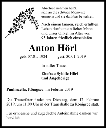 Traueranzeige von Anton Hörl von Ostthüringer Zeitung