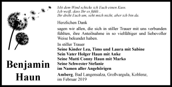 Traueranzeige von Benjamin Haun von Thüringer Allgemeine, Thüringische Landeszeitung