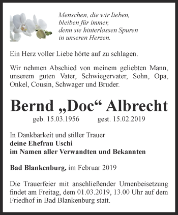 Traueranzeige von Bernd Albrecht von Ostthüringer Zeitung