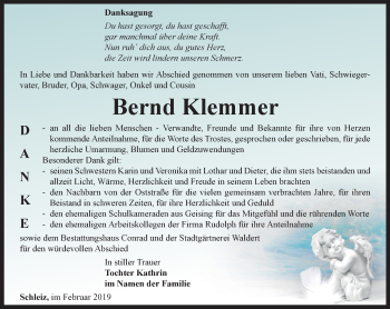 Traueranzeige von Bernd Klemmer von Ostthüringer Zeitung