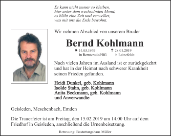 Traueranzeige von Bernd Kohlmann von Thüringer Allgemeine