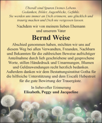 Traueranzeige von Bernd Weise von Ostthüringer Zeitung, Thüringische Landeszeitung