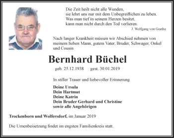 Traueranzeige von Bernhard Büchel von Ostthüringer Zeitung