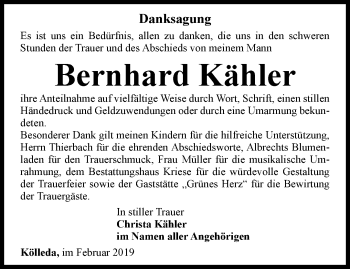 Traueranzeige von Bernhard Kähler von Thüringer Allgemeine