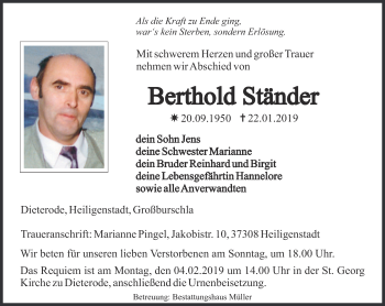 Traueranzeige von Berthold Ständer von Thüringer Allgemeine
