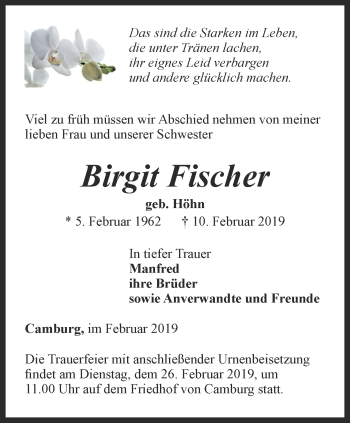 Traueranzeige von Birgit Fischer von Ostthüringer Zeitung, Thüringische Landeszeitung