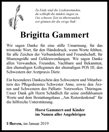 Traueranzeige von Brigitta Gammert von Thüringer Allgemeine, Thüringische Landeszeitung