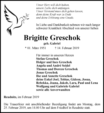 Traueranzeige von Brigitte Greschok von Ostthüringer Zeitung