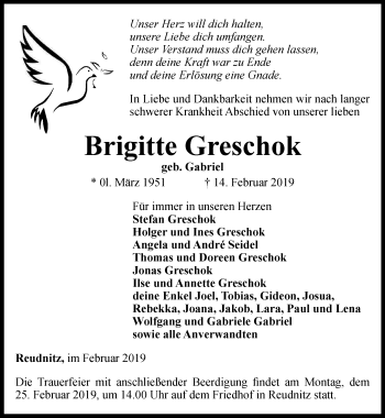 Traueranzeige von Brigitte Greschok von Ostthüringer Zeitung
