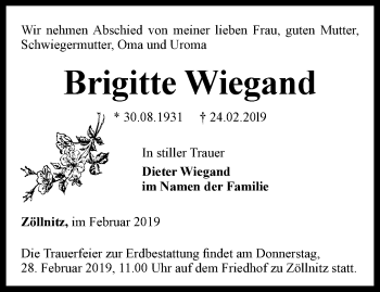 Traueranzeige von Brigitte Wiegand von Ostthüringer Zeitung, Thüringische Landeszeitung