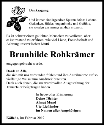 Traueranzeige von Brunhilde Rohkrämer von Thüringer Allgemeine