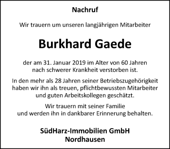 Traueranzeige von Burkhard Gaede von Thüringer Allgemeine