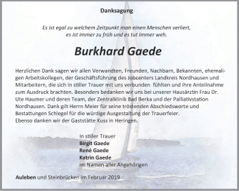 Traueranzeige von Burkhard Gaede von Thüringer Allgemeine