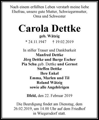 Traueranzeige von Carola Dettke von Thüringer Allgemeine