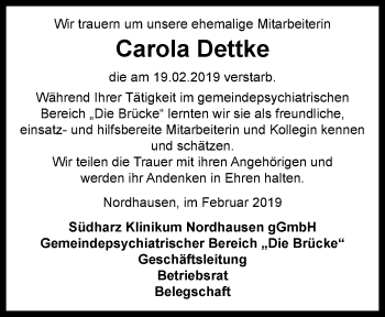 Traueranzeige von Carola Dettke von Thüringer Allgemeine