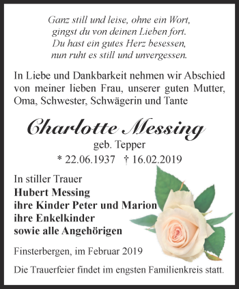 Traueranzeige von Charlotte Messing von Ostthüringer Zeitung, Thüringische Landeszeitung