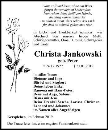 Traueranzeige von Christa Jankowski von Thüringer Allgemeine, Thüringische Landeszeitung