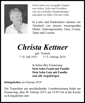 Traueranzeige von Christa Kenner von Ostthüringer Zeitung