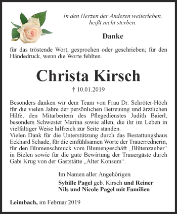 Traueranzeige von Christa Kirsch von Thüringer Allgemeine