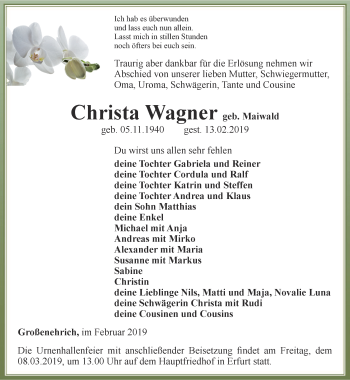 Traueranzeige von Christa Wagner von Thüringer Allgemeine