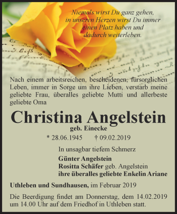 Traueranzeige von Christina Angelstein von Thüringer Allgemeine