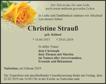 Traueranzeige von Christine Strauß von Ostthüringer Zeitung