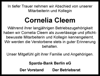 Traueranzeige von Cornelia Cleem von Thüringer Allgemeine, Thüringische Landeszeitung