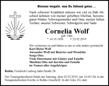 Traueranzeige von Cornelia Wolf von Thüringer Allgemeine, Thüringische Landeszeitung