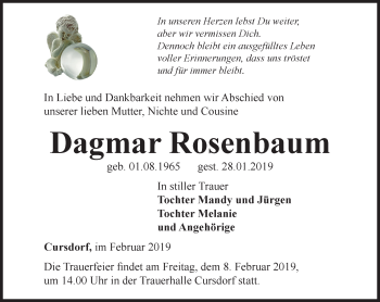 Traueranzeige von Dagmar Rosenbaum von Ostthüringer Zeitung