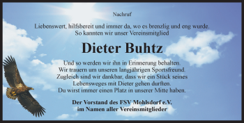 Traueranzeige von Dieter Buhtz von Ostthüringer Zeitung