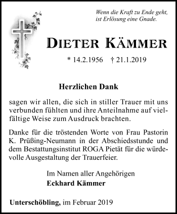 Traueranzeige von Dieter Kämmer von Ostthüringer Zeitung