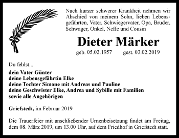 Traueranzeige von Dieter Märker von Thüringer Allgemeine